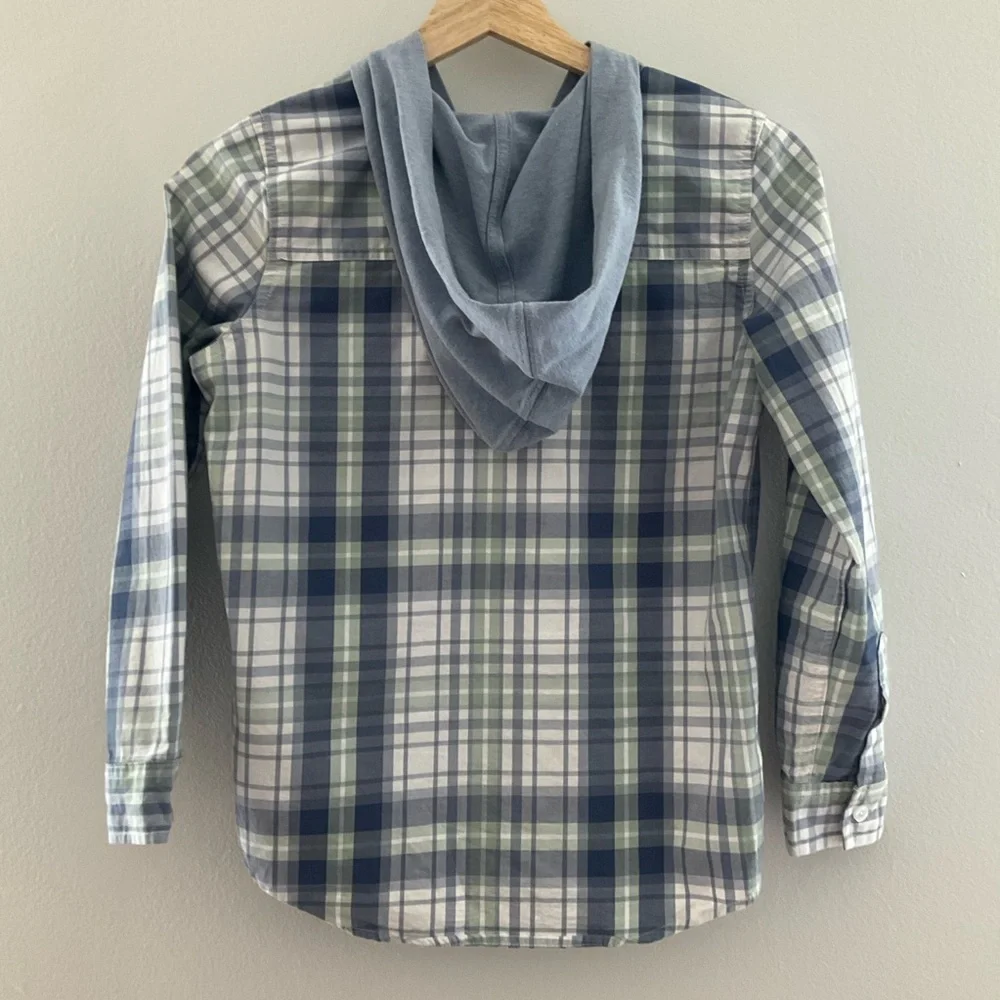 Lucky Brand Large (10-12) Plaid Hooded Shirt — Gray, Navy & Olive